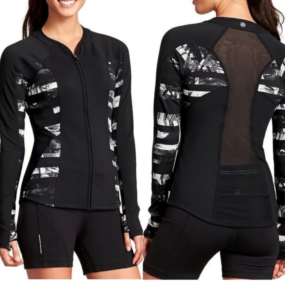 😁Athleta Black & White Full Tilt Zip Athletic Jacket With Sheer Back Size Small